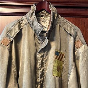 Vintage Fighter Bomber Jacket Squadron Graphic Olive Nylon with Leather trim!